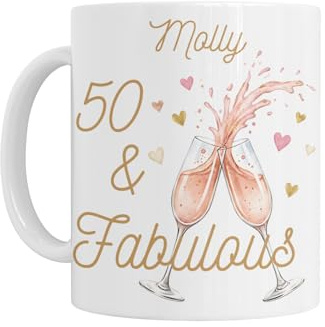 50th Birthday Gift for Her Women - Personalised 50th Birthday Mug, 50 & Fabulous Design with Champagne Glasses and Hearts, White Ceramic