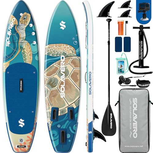SOLAVERO Aufblasbares Stand Up Paddling Board 335 x 86 x 15 cm, bis 200 kg | SUP Board Set mit Komplettset, Paddel, Finnen & Luftpumpe, PVC Stand Up Paddle für Erwachsene, Familien und Anfänger