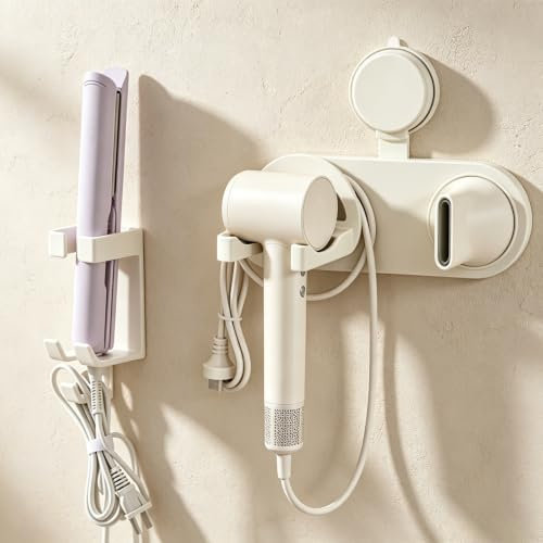 RoyalChic Soporte para secador de pelo y plancha sin taladrar, soporte para secador de pelo con ventosa para baño, ducha, pared, universal, compatible con Dyson, GHD, plástico ABS, color blanco