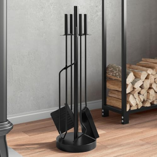 Kaloriko Lot de 5 ustensiles de cheminée en acier avec support 18 x 66 cm, tisonnier, pince, balai, pelle pour accessoires de cheminée et poêle à bois, ustensiles de four pratiques pour l'entretien et