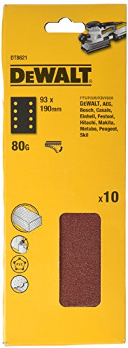 Dewalt Schleifpapier-Klettfix DT8621 (für Vibrationsschleifer, 93 x 190 mm, K80, gelocht, für alle Grund-, Zwischen und Endschliffanwendungen auf Holz Farben u. Lacke) 10 St.