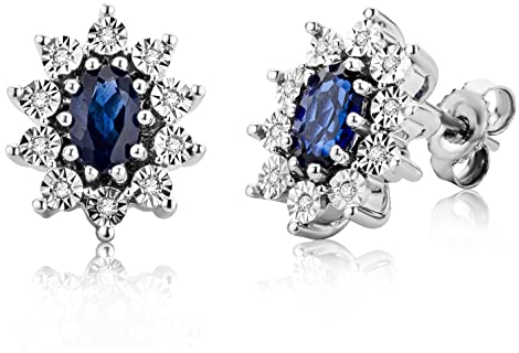 MIORE Damen Ohrstecker | 925 Sterling Silber | mit 2 Labor Saphire von 1,20 Karat und 20 echten Diamanten von 0,05 Karat | hautfreundliche Silber Ohrringe | Juwelier Schmuck