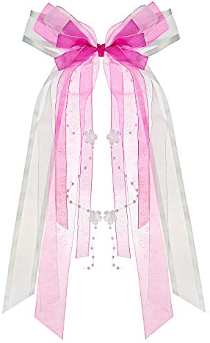 alles-meine.de GmbH große 3-D Schleife - 24 cm breit u. 47 cm lang - rosa/pink - blau - Geschenkschleife/Geschenkband mit edlen Satin Bändern, Tüll & Perlenband - für Ges..