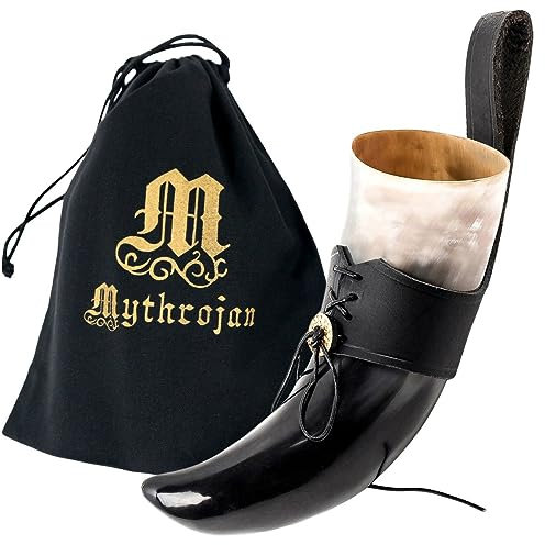 Mythrojan Cuerno vikingo para beber cerveza medieval negro auténtico con correa, taza de cerveza nórdica vikinga, 250 ml, réplica de 226.8 g