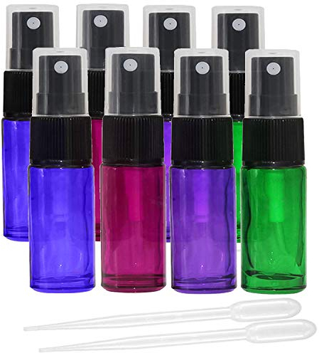 JamHooDirect 8 botellas de vidrio vacías de 5 ml con pulverizadores negros de niebla fina, atomizador de perfume de viaje, mini recipiente portátil recargable, incluye 2 cuentagotas para aceites