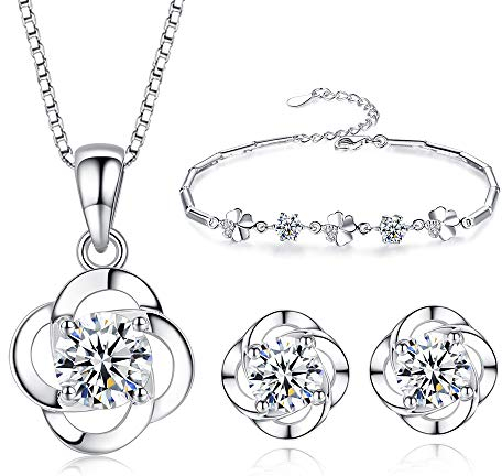 Kamise Schmuckset Damen Silber, 925 Sterling Silber Klee Halskette Ohrstecker Armband Set, Anhänger mit 45cm Silberkette & Ohringestecher & Armkette mit Weiß Zirkonia, schmuckset mit Geschenkbox