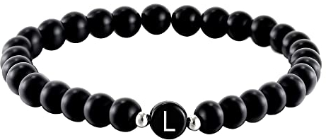 Kim Johanson Partner Perlenarmband mit Buchstabe aus Onyx Stein für Pärchen I Naturstein Freundschaftsarmband in Schwarz I Geschenk für Paare mit Gravur I Für Frauen und Männer inkl. Schmuckbeutel (L)