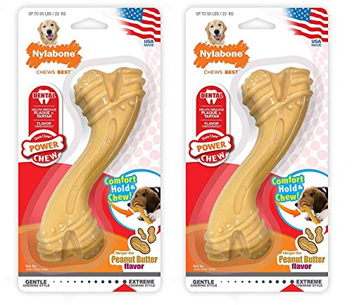 Nylabone 2 Pack of Allergen-Free Peanut Butter Flavor Comfort Hold Power Chew Bone, Giant, Dental Chew Dog Toy