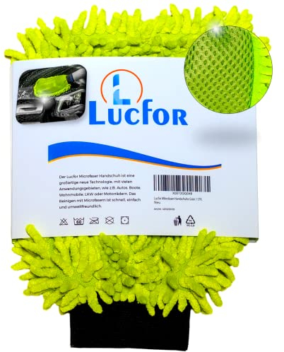 LUCFOR 2in1 Microfaser Waschhandschuh Auto I Professionelle Auto Handwäsche I Autoschwamm Lack-schonend vermeidet Kratzer Dank Chenille Vorderseite I Die Rückseite als Insekten- & Dreck-entferner