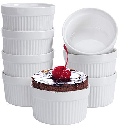 6 Ounce Porcelain Ramekins For Baking, Souffle Dishes, Creme Brulee Bowls, Oven Safe Ceramic Cups For Lava Cakes, Pudding and Mini Desserts, Jam, Appetizers and Ice Cream, Set of 8