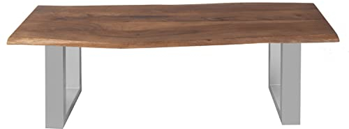 SAM Sitzbank 120x42 cm Quintus, Akazien-Holz nussbaumfarben, Silber lackierte Metallbeine, Bank mit echter Baumkante, Massive Holzbank