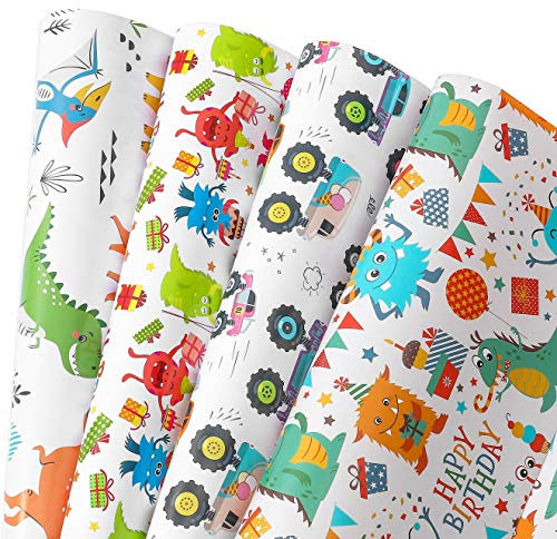 Camkuzon Geburtstags-Geschenkpapier für Jungen, Mädchen, Kinder – 4 niedliche Designs, inklusive Monster, Auto, Dinosaurier-Geschenkpapier für Urlaub, Party, Babyparty, 10 Blatt, 50,8 x 76,2 cm pro
