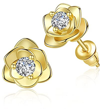 14K Gold Plated Rose Flower Stud Earrings for Women Cubic Zirconia Stud Earrings