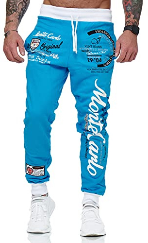 L.gonline Pantalon de jogging long pour homme,100 % coton,Pantalon de sport confortable,Poignets en maille côtelée,Fitness,Cordon de serrage,Bas de jambe étroits, turquoise/blanc, XXXL