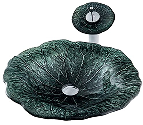 XYEJL Fregadero Recipientes Vidrio Templado, Fregadero Tocador Baño con Forma Hoja Verde, Fregadero Lavabo Encimera Guardarropa, con Desagüe De Fregadero Emergente,C