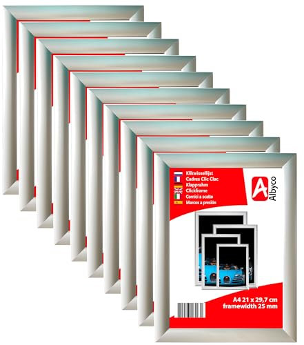 Albyco 10 Stück A4 Klapprahmen, Klickrahmen, Wechselrahmen, Easy-Click-System - Fotorahmen, Frame, A4 Format - 29,7x42 cm - Profilbreite 25 mm - Aluminium - Entspiegelter Schutzscheibe.