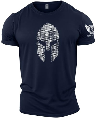 GYMTIER Spartan Helmet Hex Camo - Camiseta de gimnasio para hombre, para culturismo y levantamiento de pesas, azul marino, M
