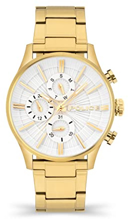 POLICE Barter Herren Multifunktionsuhr mit weißem Zifferblatt und goldfarbenem Edelstahlarmband, 44 mm Edelstahlgehäuse in Markenuhrenbox PEWJK2195001 – 2 Jahre Garantie, Gold, Einheitsgröße, Armband