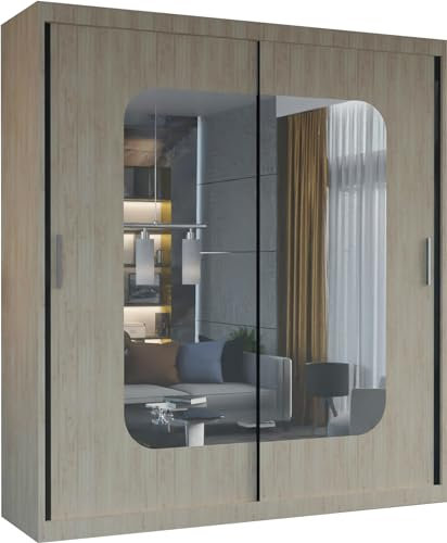 MN Furniture Modern Double Sliding Door Wardrobe 2 Mirrored Hanging Rails & Shelves Storage Cabinet for Bedroom (180cm, Marika Oak)