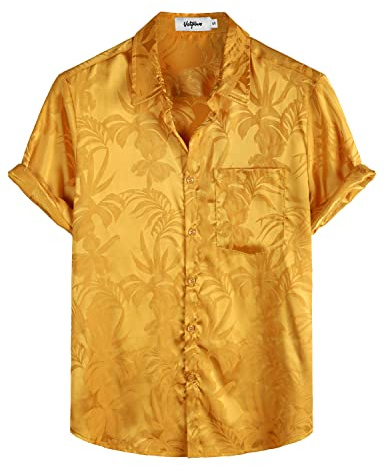 VATPAVE Herren Hawaii Hemd Männer Freizeit Kurzarm Sommerhemd Blumen Jacquard Strandhemd 70er Jahre Hemd X-Large Gelb