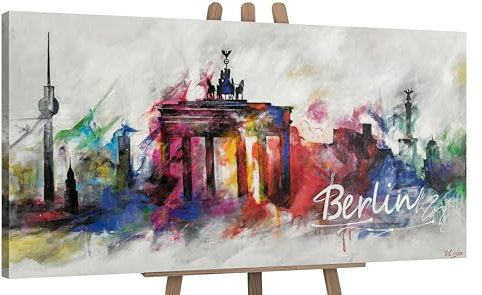 YS-Art Abstrakt Design Acryl Gemälde auf Leinwand Berlin handgemalt Wandbilder Wohnzimmer modern Wohndekor Bilder Büro Hauptstadt bunt echte Kunst 160x80 cm