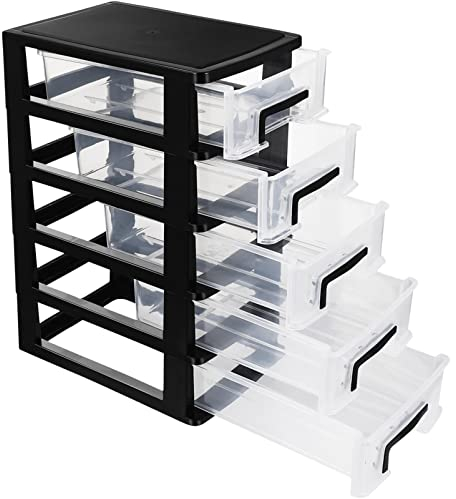 Operitacx 5 Plastic Storage Drawers, Multifunctional Plastic Drawers Storage Unit with Handles, Clear Storage Tower Storage Drawers Tower for Home Office School, 12.2 x 5.9 x 8.5, Black