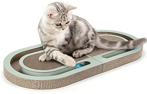 PETTOM Cat Scratcher, Cat Scratching Board with Trackball, Recycle Corrugate Reversible Cats Scratchers Cardboard for Indoor Kitten, Foldable Cats Scratch Pad with Interactive Bell Ball Design