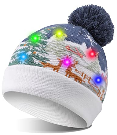 TAGVO LED Leuchten Mütze Stricken, Bunte LED Xmas Weihnachten Hut, Winter Schnee Pullover Hässliche Urlaub Beanie Cap