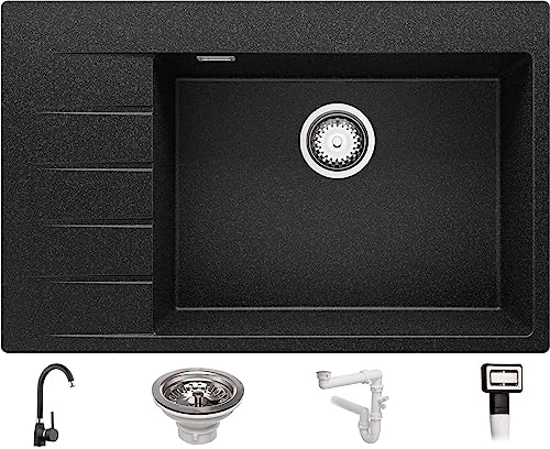 Fregadero Granito Grafito 78x50cm, Fregadero Cocina 1 Seno + Sifón + Grifo, Fregadero sobre encimera al mueble 60cm - Sydney de Primagran
