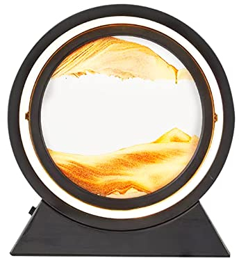 Peinture Sable Qui Coule Veilleuses, Cadre Sable Mouvant Pivotant à 360°, 3D Paysage de Sable en Verre Rond, Quicksand Peinture Image Art de Sable Mouvement, Batteries / USB, pour Déco Salon Maison
