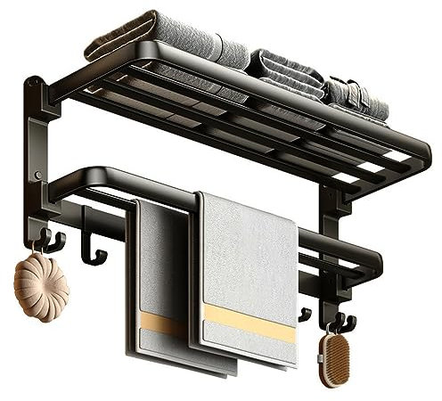 Yariwiz Porte-serviettes mural noir mat sans perçage ni vis, salle de bain, douche longueur 61 cm, double barre de serviette avec étagère porte-serviettes d'hôtel B0502-MB