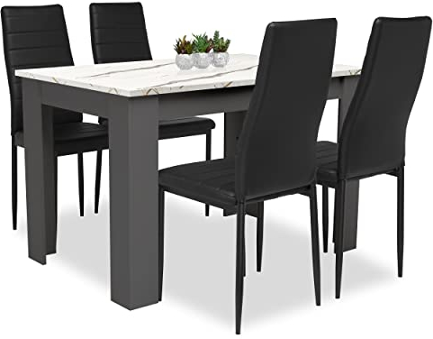 Blisswood Dining Table Set, Dining Table And Chair Set, Pu Leather Dining Room Chairs and 17mm Thick Table Top Long Modern Dining Table Set (White Marble/Grey Dining Table and 4 Black Chairs)