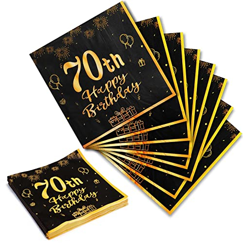 Geburtstag 70 Servietten, 20Stk Schwarze Gold Happy Birthday Servietten 33cm x 33cm Papierservietten für Mann Frau Mädchen Junge Geburtstags Deko Party Supplies Tischdekoration