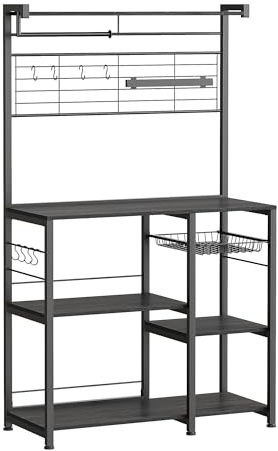 VASAGLE Estantería de Cocina, Soporte para Panadería, Isla de Cocina con Tira Magnética de Cuchillo, Cesta de Alambre, Soporte de Papel de Cocina, 12 Ganchos, Roble Ébano y Negro KKS026B42