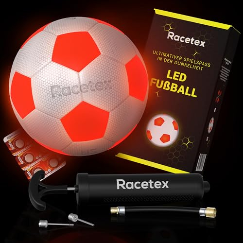 Racetex Leuchtender Fussball - Wasserfester LED Fussball mit umfangreichem Zubehör - Der Leuchtfussball für ultimativen Spielspaß - Das Geschenk für Fußballer