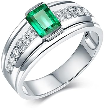 Ring Gold 750 Smaragd, Engagement Ring Herren 18 Karat Weißgold 0,7 ct Rechteckiger Smaragd mit 4 Krappen und 0,18 ct Diamant Gr.53 (16.9)