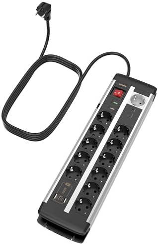 UCOMEN Master Slave Steckdosenleiste 12-Fach mit Überlastungsschutz, Schalter und Überspannungsschutz, 20W USB A und USB C, 2m Kabel, Wandmontage Mehrfachsteckdose 16A/3680W