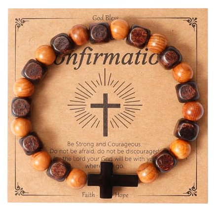 Eigso 8 mm Natur Sequoia Mala Holzperlen Armband für Männer Frauen Edelstahl Religiös Kreuz Armband für Mann Frau