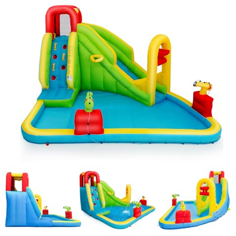 LIFEZEAL Gran Castillo Hinchable 400x335x230 cm, Parque Acuático Infantil con Tobogán, Piscina, Muro de Escalada, Cañón de Agua, Baloncesto, Pelota Hinchable, para niños de 3 a 10 años (sin soplador)