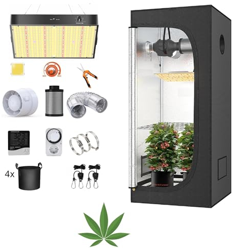 JUNG Growbox Komplettset Anbau Set mit LED Vollspektrum Grow Lampe Dimmbar, 120x120x200 cm, mit Ventilator, Abluft Aktivkohlefilter, Growzelt Anzucht Gewächshaus, Grow Tent Complete Set