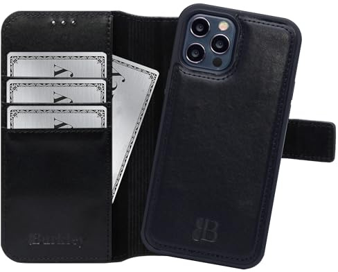 Burkley 2-in-1 Leder Handyhülle für iPhone 15 Pro mit Abnehmbarer Schutzhülle, 360 Grad, abnehmbares Cover, Kartenfächer und Kick-Stand (Schwarz)