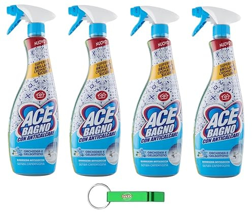 4x ACE Bagno con Anticalcare,Badreiniger mit Kalklöser - Duft von Orchidee und Jasmin - Entfernt Kalk und Verhindert Dessen Bildung - Spray 600ml + Beni Culinari Kostenloser Schlüsselanhänger
