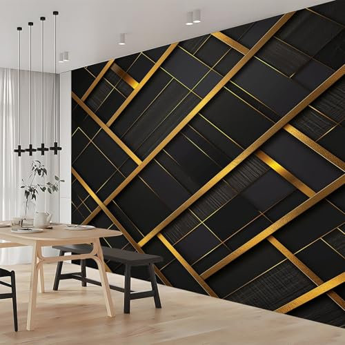 3D Effect Photo Wallpaper Geometric Abstract Gold Lines 350x256 cm Mural Panoramic Wall Tapestry Large Photo Wallpaper Mural Bedroom Eco-Friendly Wallpaper Decoration