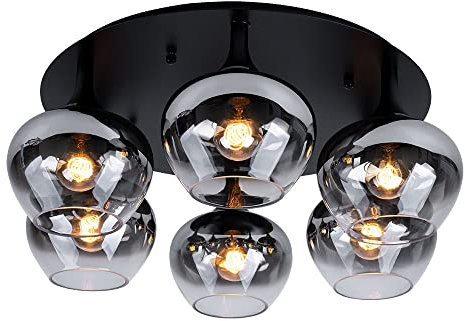 GLOBO Deckenlampe Rauchglas Deckenleuchte Esszimmerleuchte rund Glaskugel Schlafzimmer, Metall schwarz, 6x E27, DxH 65x25,5 cm