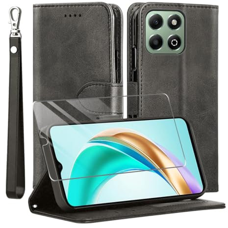 Custodia Cover per Honor X6B,con Protettiva in Vetro Temperato TPU Antiurto PU Pelle Premium Portafoglio Supporto Stand Carta Fessura Magnetica Custodie di Pelle Flip Case Nero