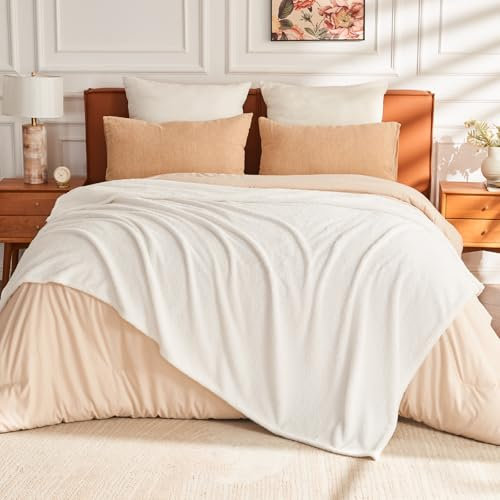 EMME Kuscheldecke Flauschige Sherpa - 200 x 230 cm, Weiche Warme Wolldecke & Fleecedecke, Tagesdecke, Überwurfdecke, Decke für Sofa, Couch, Creme