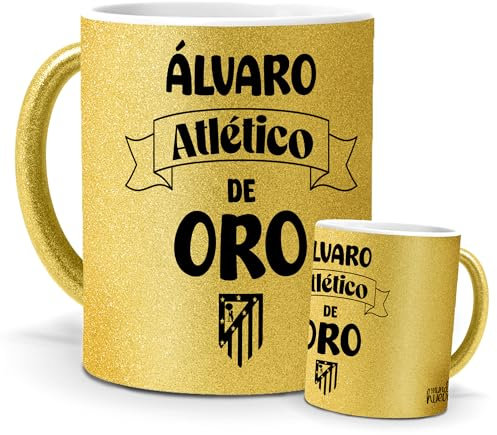 Taza Atletico personalizada | Tu nombre + Atletico de oro | regalo original colchoneros | Para niños y mayores | Cerámica Purpurina oro | Tazas de Café, Té... | Tazas equipos de futbol | 350 ML