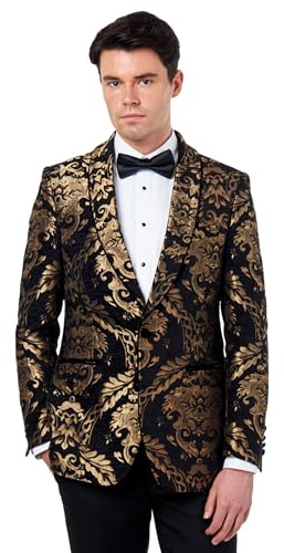 Xposed Mens Tuxedo Jacket Gold Brocade Paisley on Flocked Jacquard Black Blazer [ BLZ-311-BLACK-GOLD-50 ]