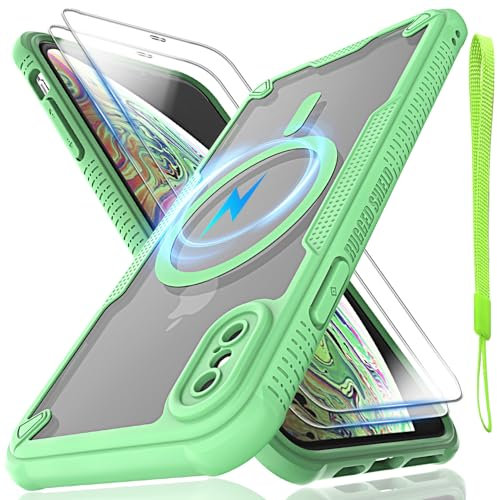 for iPhone XS Max Case, Translucent Matte Back Compatible with Magsafe Magnetic Slim Shockproof Protective Case with Lanyard Strap and 2*9H Tempered Glass Screen Protector Phone Cover 6.5-inch-Green