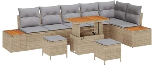 vidaXL 9-teiliges Garten-Sofa-Set mit Kissen für 6 Personen in Beige und Hellgrau. Modernes Outdoor-Möbel aus Poly-Rattan für Terrasse und Balkon. Modulares Lounge-Set.